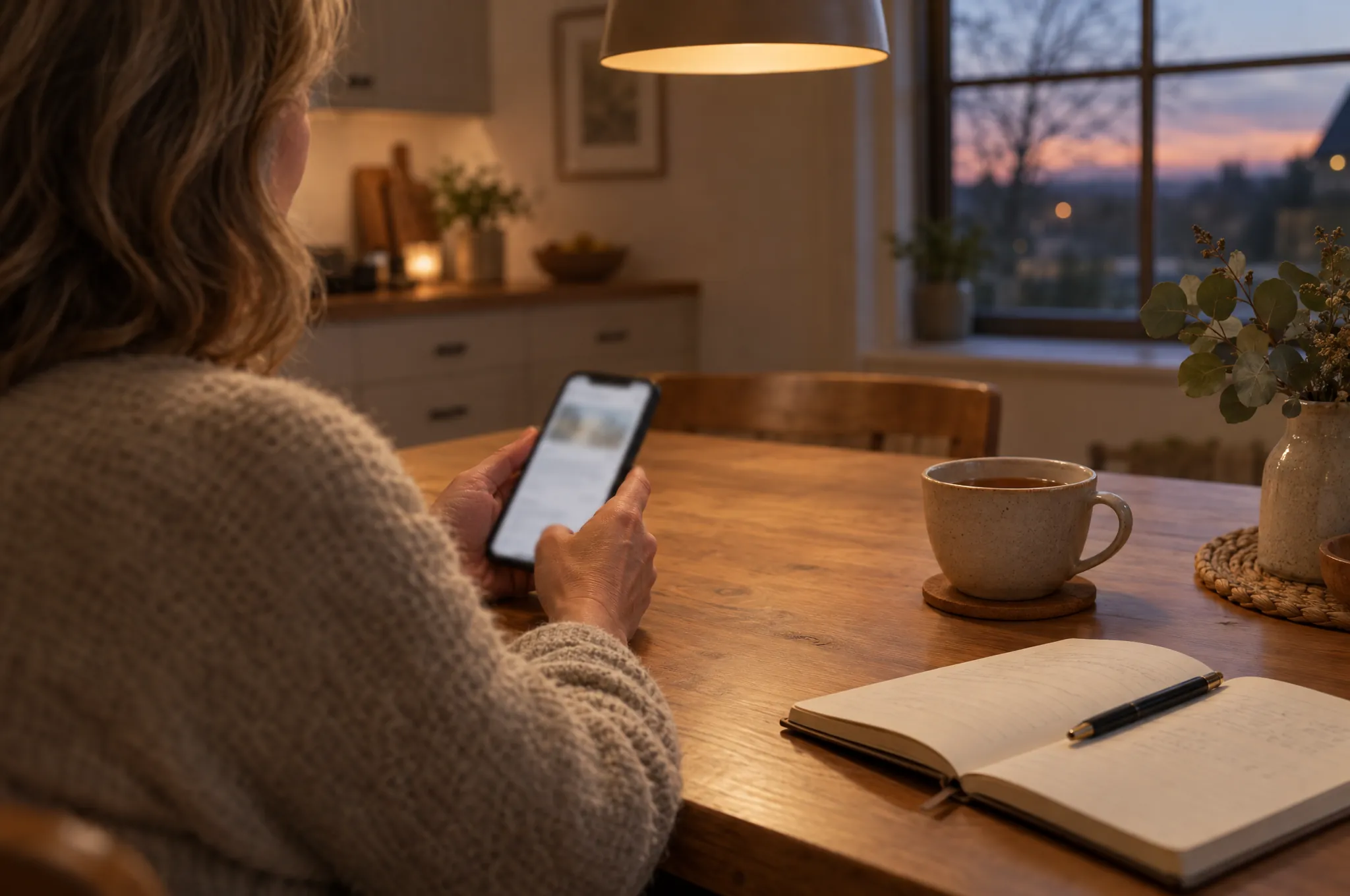 A woman at her kitchen table in the evening reading on her phone, a cup of tea and a notebook beside her