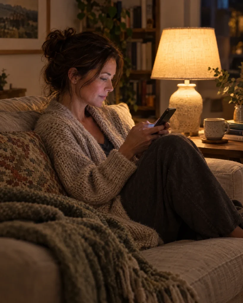 Woman at home in the evening using her phone
