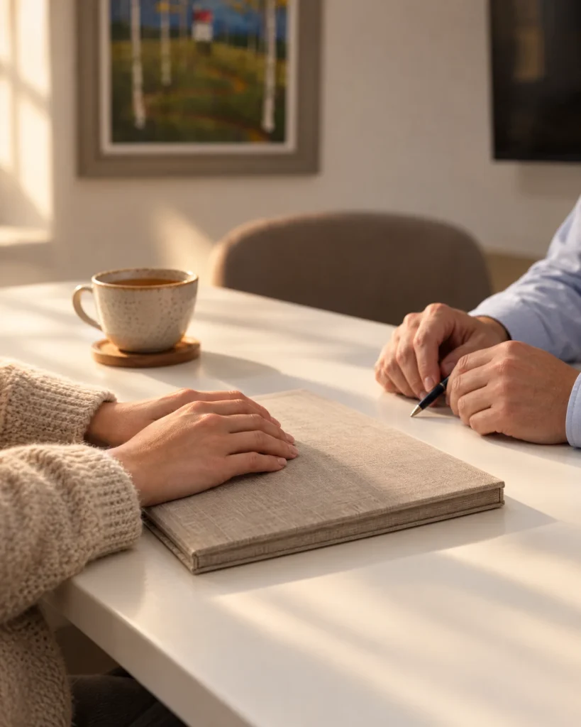 Patient and consultant at the desk with a closed photo folder